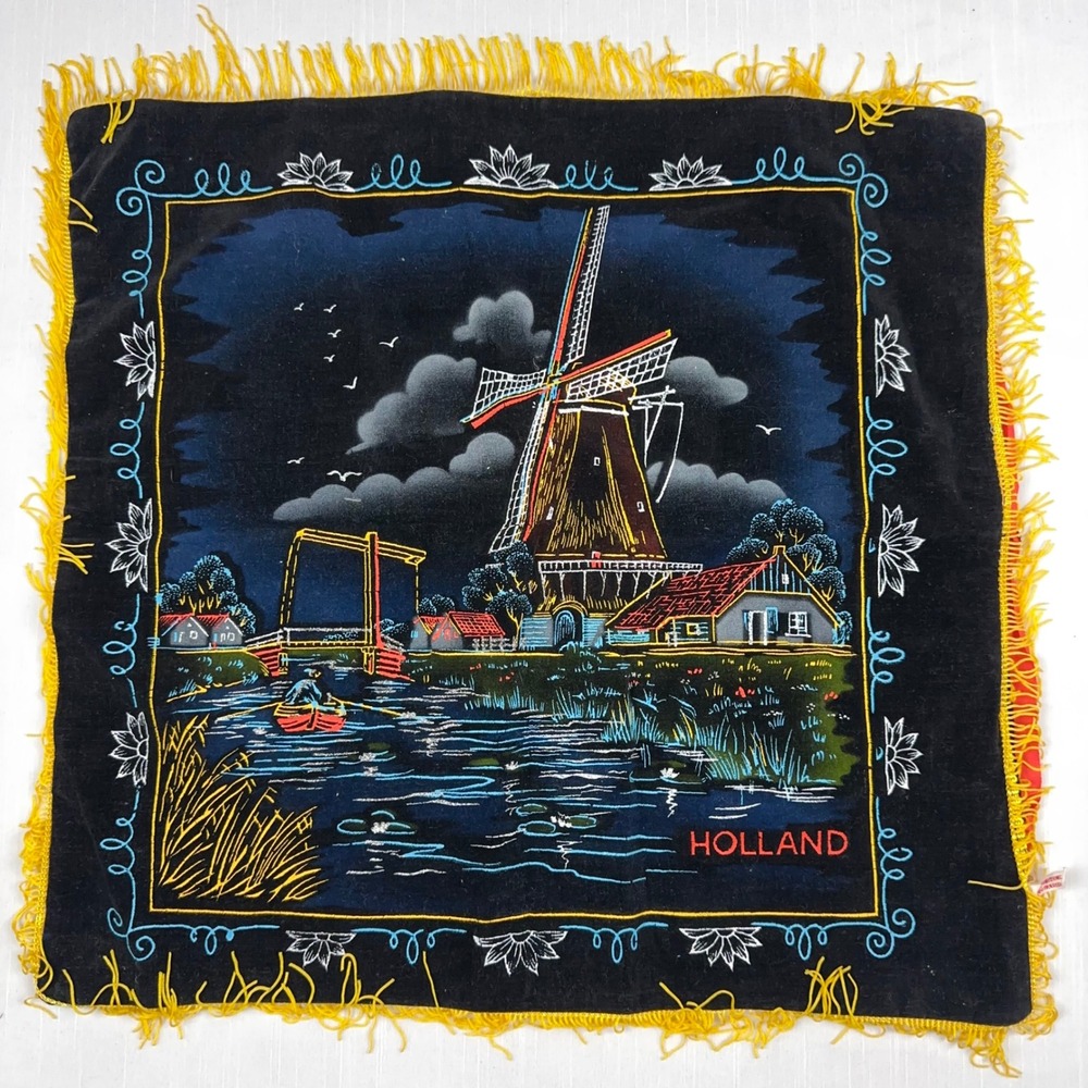 Vintage Alimex Holland Windmill Souvenir Pillow Cover Black Velvet Yellow Fringe
